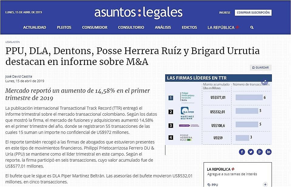 PPU, DLA, Dentons, Posse Herrera Ruz y Brigard Urrutia destacan en informe sobre M&A